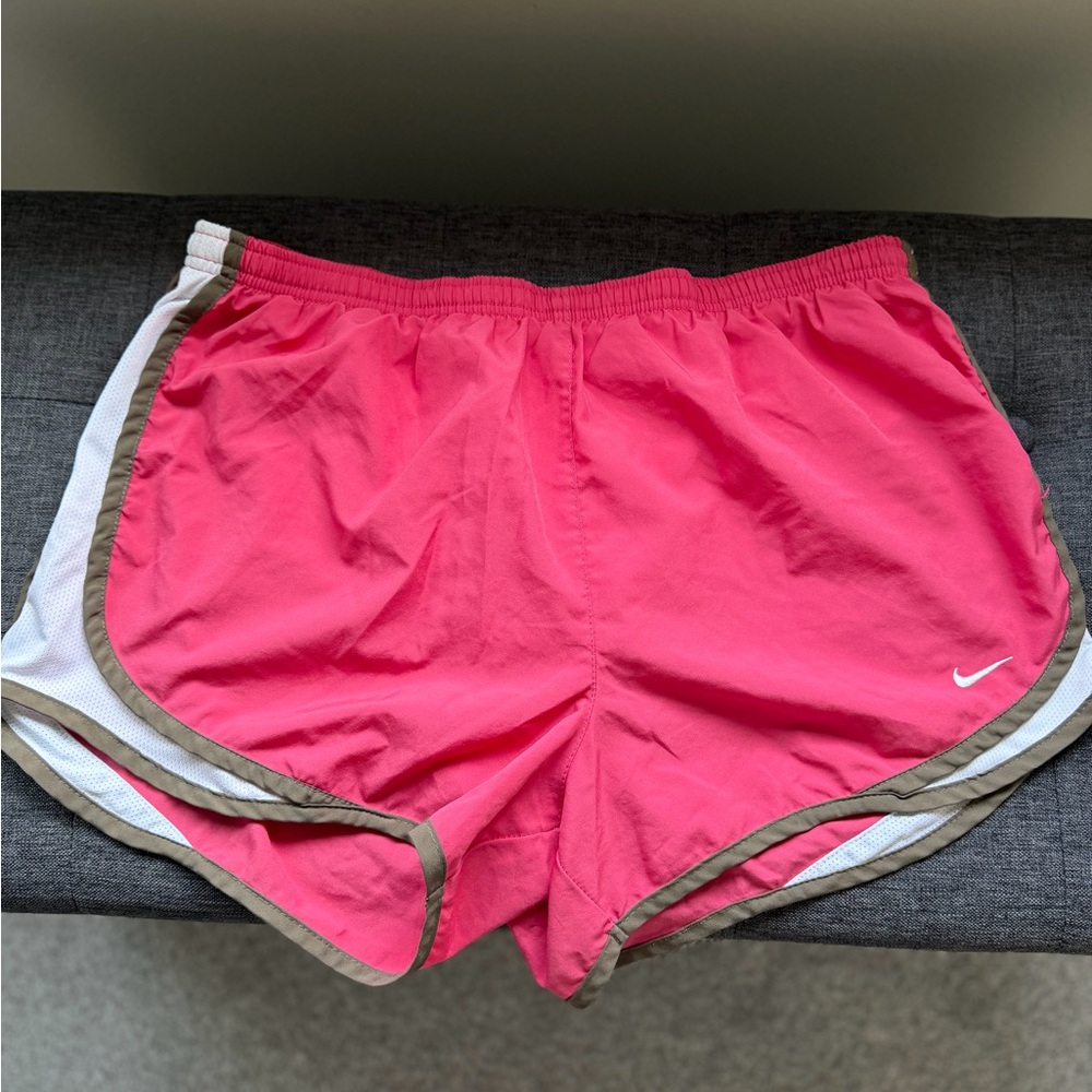 Nike Women's Bright Pink Running Shorts with White & Brown Trim